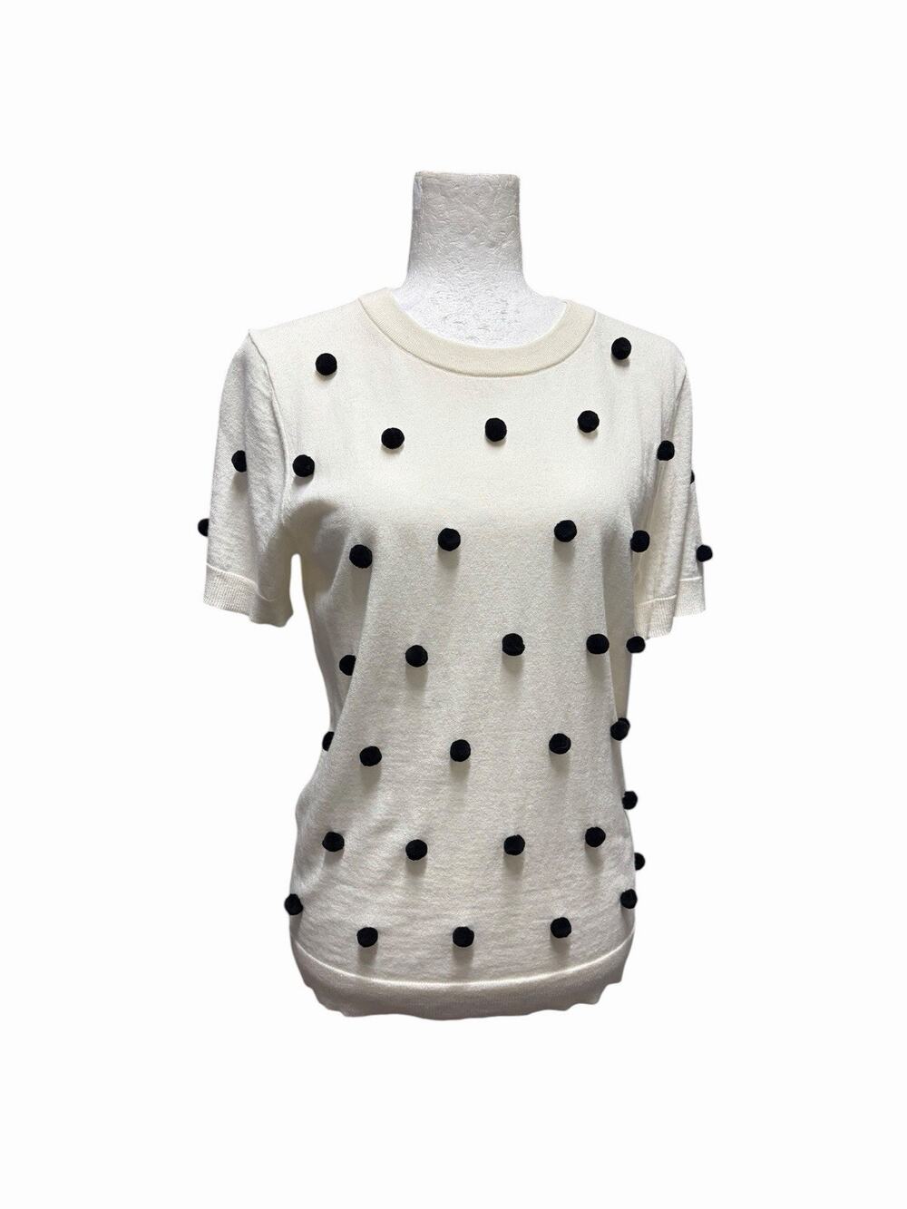 Kate Spade Cotton Cashmere Short Sleeve Sweater Pom Poms Preppy Fun Medium